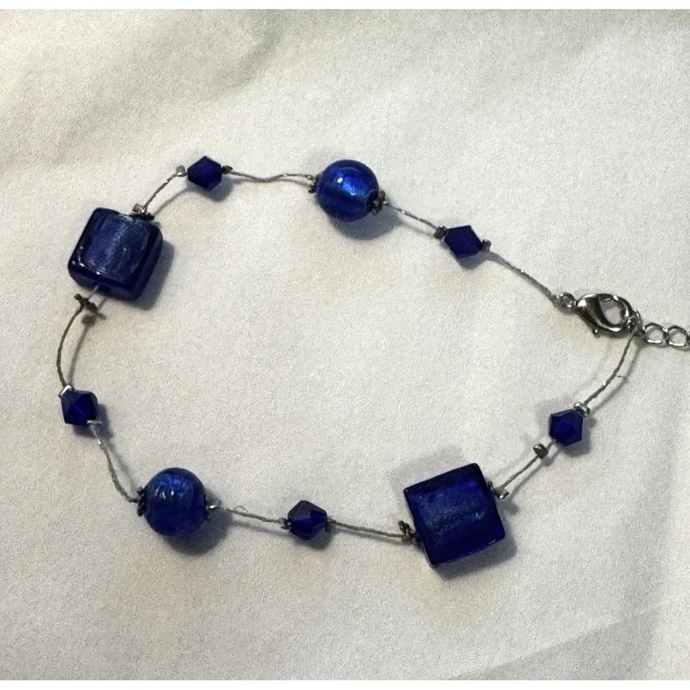 Cobalt Blue Glass Bead Bracelet‎ Silver Tone Adjustable Square Round Geometric